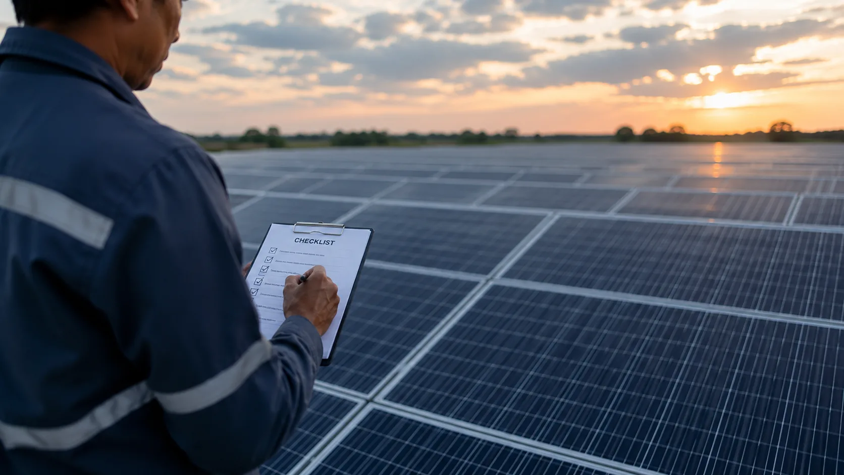Técnico com checklist inspecionando módulos fotovoltaicos de uma usina solar empresarial