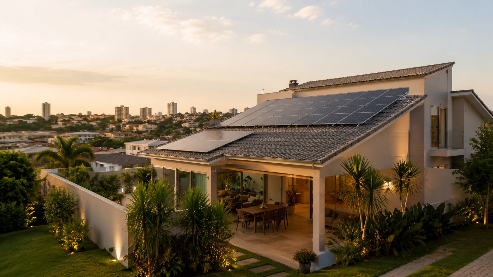 Casa com painéis solares no telhado ao entardecer