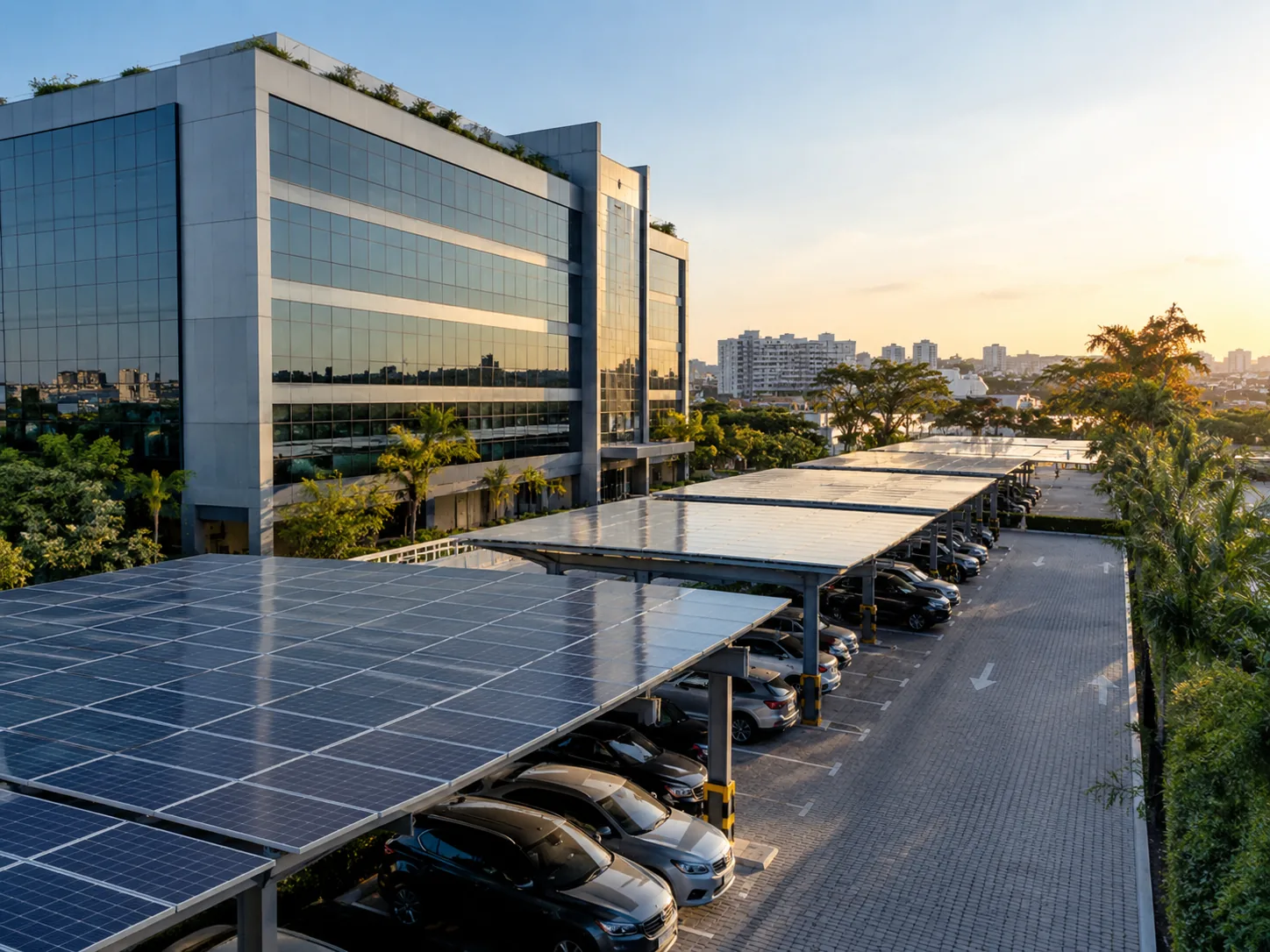 Estacionamento corporativo coberto por painéis fotovoltaicos ao entardecer
