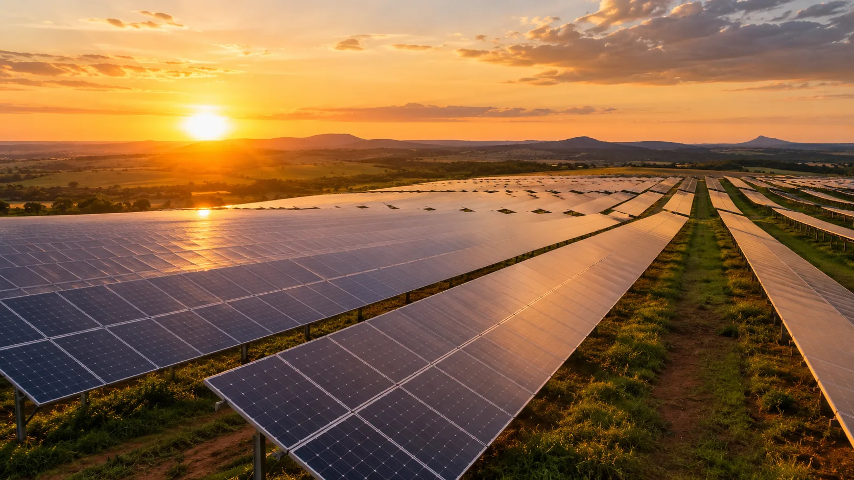 Usina solar fotovoltaica instalada em área rural ao pôr do sol