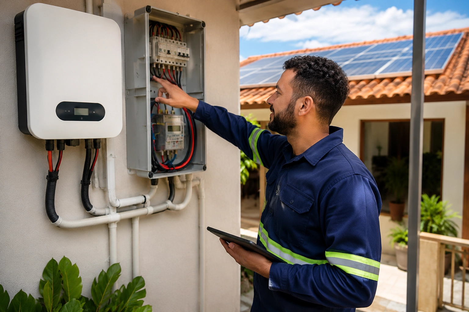 Técnico avaliando inversor e quadro elétrico de um sistema de energia solar fotovoltaica residencial